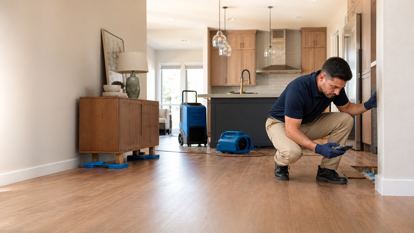 Water damage assessment and drying equipment in a home